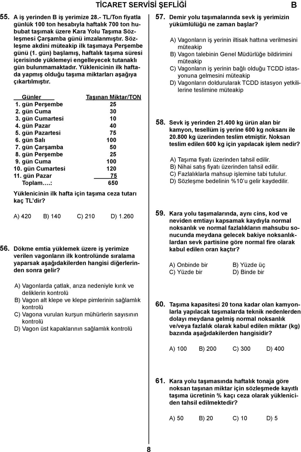 Yüklenicinin ilk haftada yapmış olduğu taşıma miktarları aşağıya çıkartılmıştır. Günler Taşınan Miktar/TON 1. gün Perşembe 25 2. gün Cuma 30 3. gün Cumartesi 10 4. gün Pazar 40 5. gün Pazartesi 75 6.