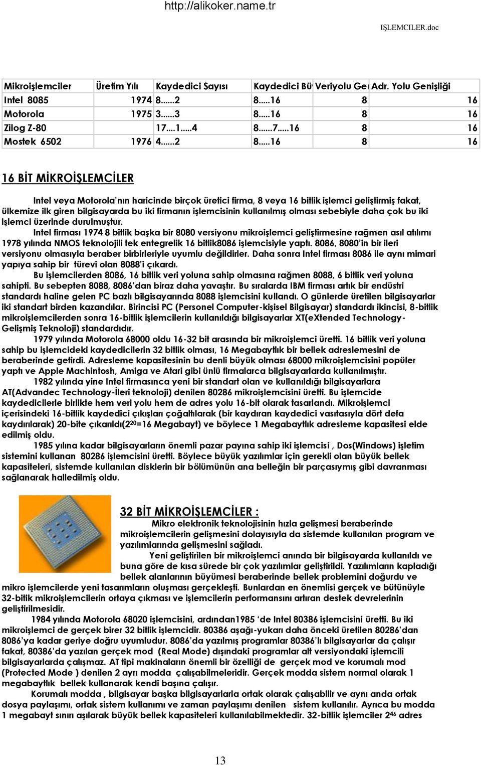 ..16 8 16 16 BİT MİKROİŞLEMCİLER Intel veya Motorola nın haricinde birçok üretici firma, 8 veya 16 bitlik işlemci geliştirmiş fakat, ülkemize ilk giren bilgisayarda bu iki firmanın işlemcisinin