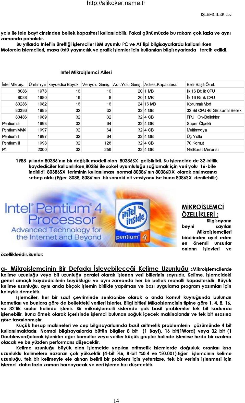 edildi. Intel Mikroişlemci Ailesi İntel Mikroiş. Üretim yılı keydedici Büyük. Veriyolu Geniş. Adr.Yolu Genş. Adres.Kapazitesi. Belli-Başlı Özel.