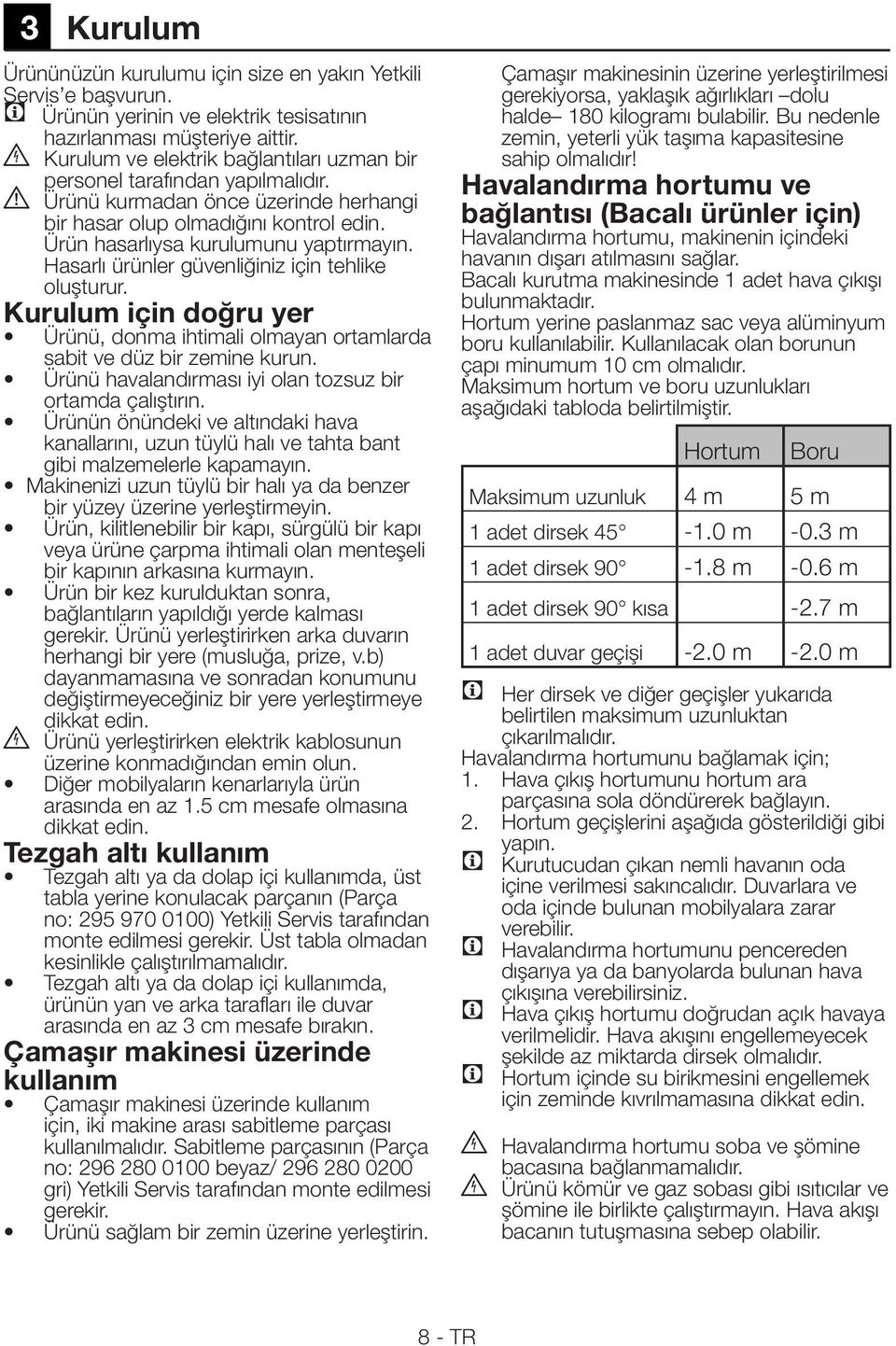 Çamaşır makinesi üzerinde kullanım 3 Kurulum no: 296 280 0100 beyaz/ 296 280 0200 gerekir.