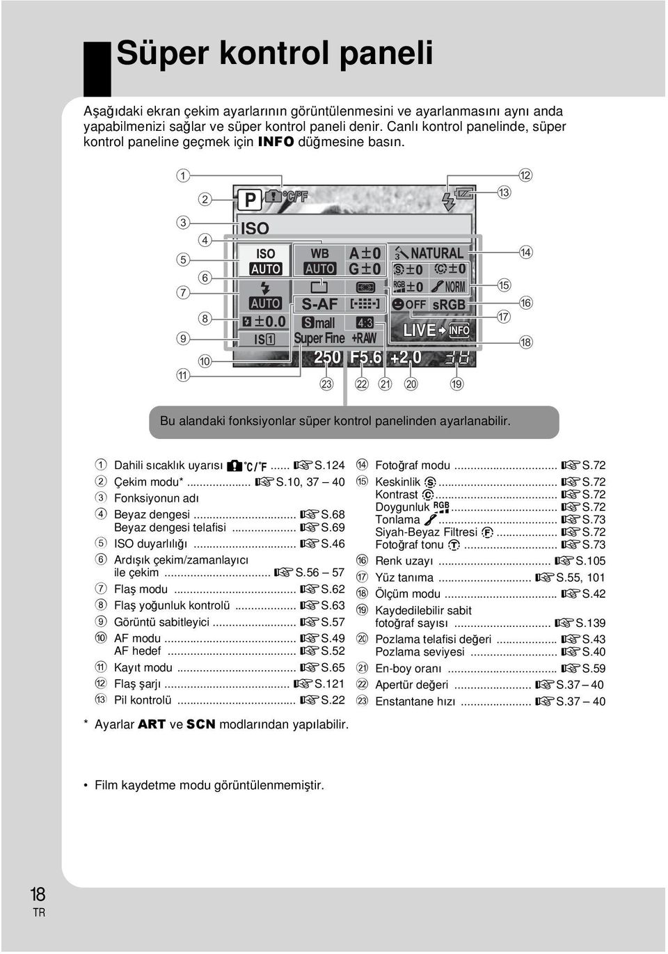 0 38 m l k j i b c d e f g h Bu alandaki fonksiyonlar süper kontrol panelinden ayarlanabilir. 1 Dahili sıcaklık uyarısı m... gs.124 2 Çekim modu*... gs.10, 37 40 3 Fonksiyonun adı 4 Beyaz dengesi... gs.68 Beyaz dengesi telafisi.