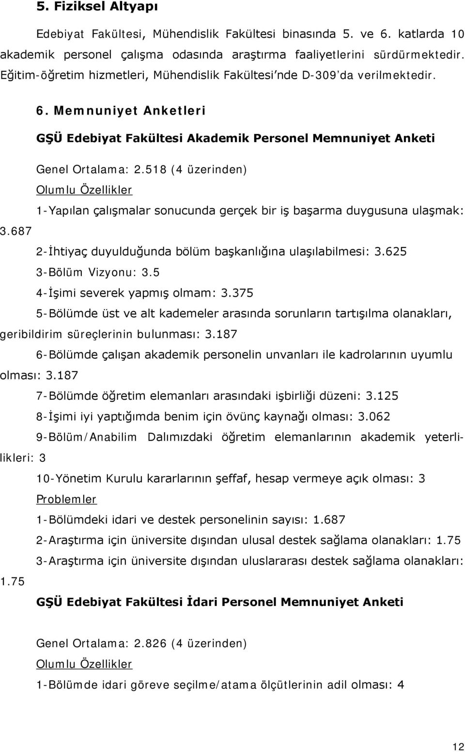 518 (4 üzerinden) Olumlu Özellikler 1-Yapılan çalışmalar sonucunda gerçek bir iş başarma duygusuna ulaşmak: 3.687 2-İhtiyaç duyulduğunda bölüm başkanlığına ulaşılabilmesi: 3.625 3-Bölüm Vizyonu: 3.