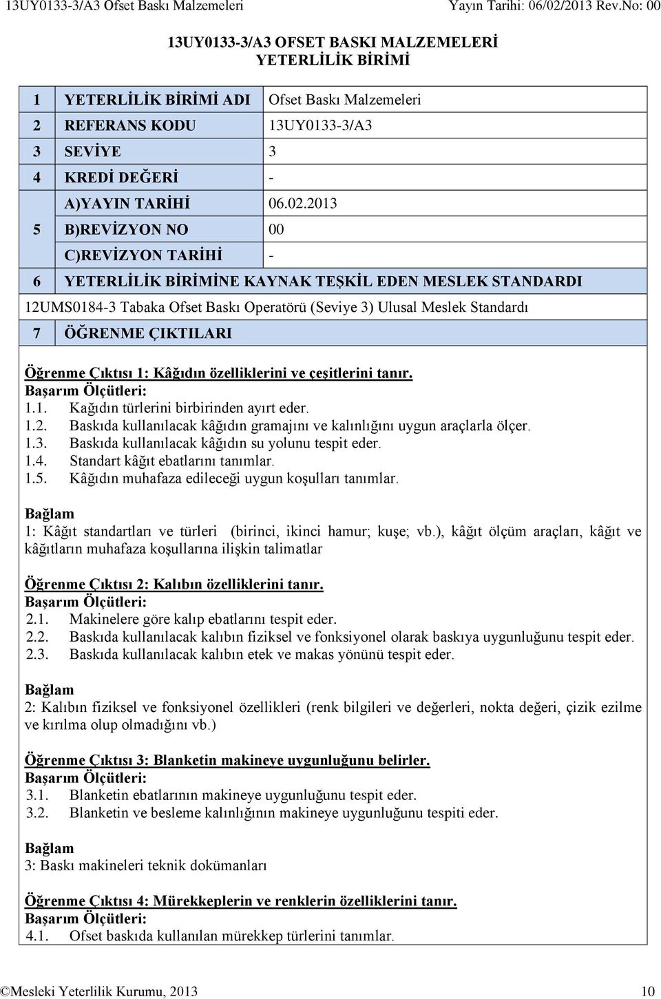 2013 B)REVĠZYON NO 00 C)REVĠZYON TARĠHĠ - 6 YETERLĠLĠK BĠRĠMĠNE KAYNAK TEġKĠL EDEN MESLEK STANDARDI 12UMS0184-3 Tabaka Ofset Baskı Operatörü (Seviye 3) Ulusal Meslek Standardı 7 ÖĞRENME ÇIKTILARI