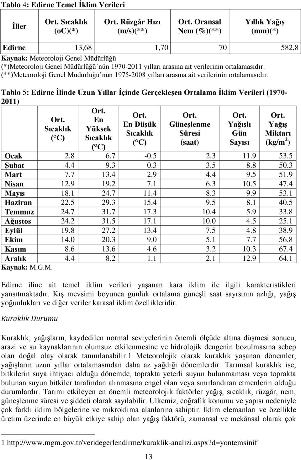 (**)Meteoroloji Genel Müdürlüğü nün 1975-2008 yılları arasına ait verilerinin ortalamasıdır. Tablo 5: Edirne Ġlinde Uzun Yıllar Ġçinde GerçekleĢen Orta