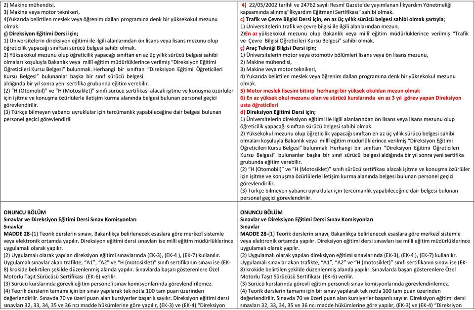 2) Yüksekokul mezunu olup öğreticilik yapacağı sınıftan en az üç yıllık sürücü belgesi sahibi olmaları koşuluyla Bakanlık veya millî eğitim müdürlüklerince verilmiş Direksiyon Eğitimi Öğreticileri