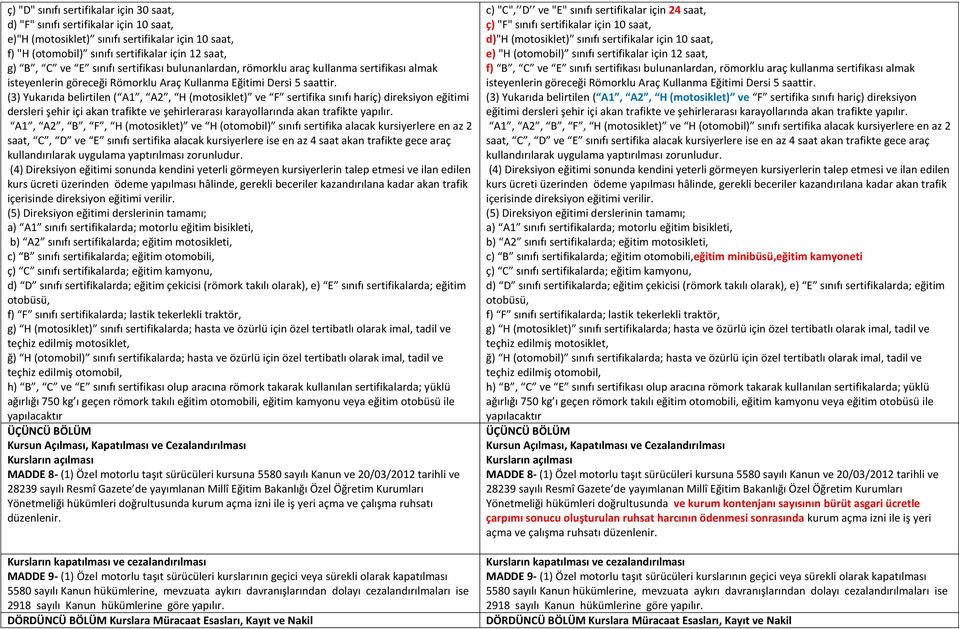 (3) Yukarıda belirtilen ( A1, A2, H (motosiklet) ve F sertifika sınıfı hariç) direksiyon eğitimi dersleri şehir içi akan trafikte ve şehirlerarası karayollarında akan trafikte yapılır.