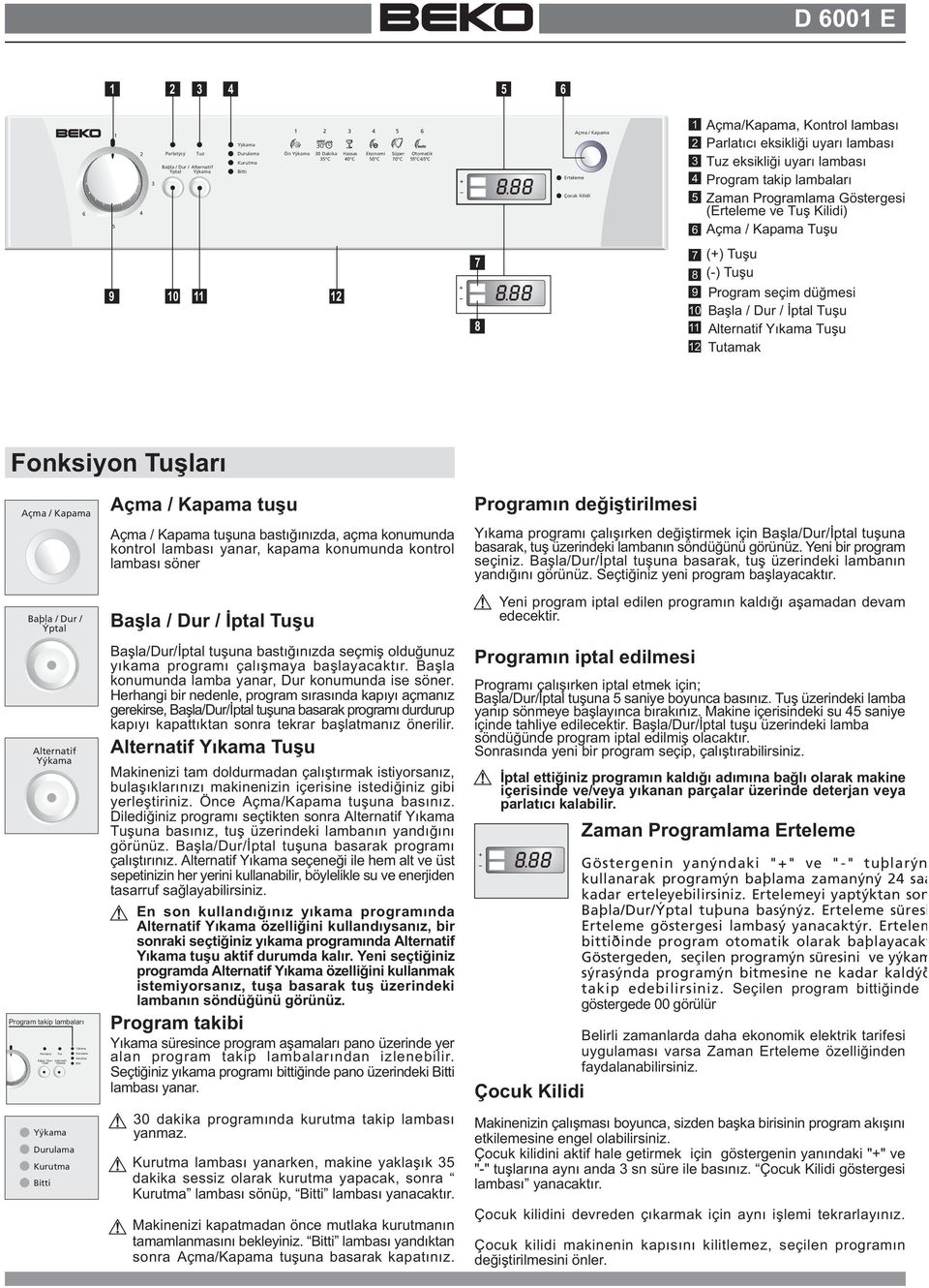 lambalarý Zama Programlama Göstergesi (Erteleme ve Tuþ Kilidi) Açma / Kapama Tuþu 9 0 7 (+) Tuþu 7 8 (-) Tuþu 2 9 Program seçim düðmesi 0 Baþla / Dur / Ýptal Tuþu 8 Alteratif Yýkama Tuþu 2 Tutamak