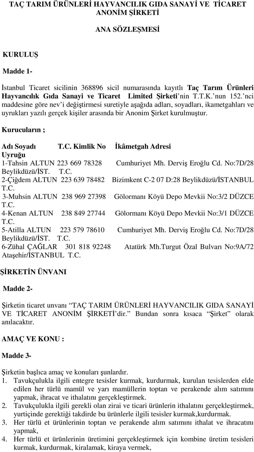 nci maddesine göre nev i değiştirmesi suretiyle aşağıda adları, soyadları, ikametgahları ve uyrukları yazılı gerçek kişiler arasında bir Anonim Şirket kurulmuştur. Kurucuların ; Adı Soyadı T.C.