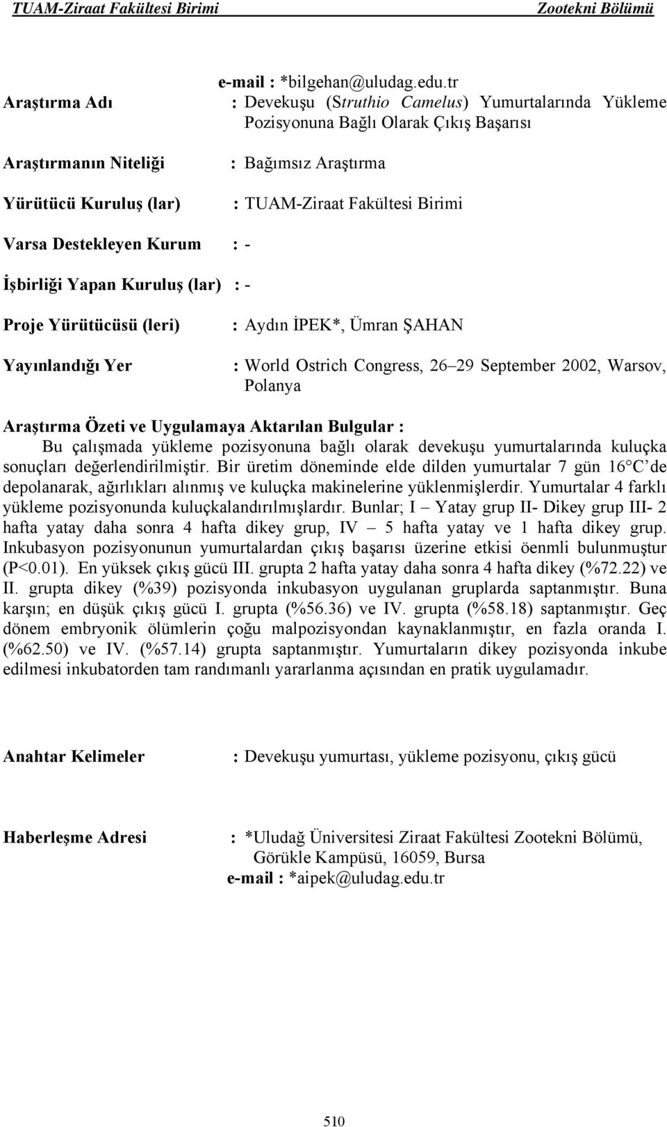 26 29 September 2002, Warsov, Polanya Bu çalışmada yükleme pozisyonuna bağlı olarak devekuşu yumurtalarında kuluçka sonuçları değerlendirilmiştir.