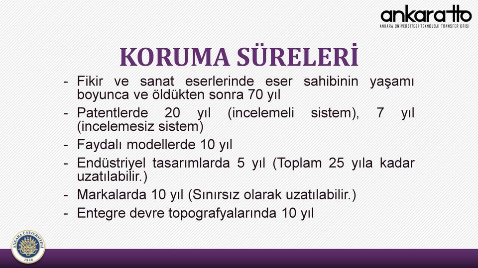 Faydalı modellerde 10 yıl - Endüstriyel tasarımlarda 5 yıl (Toplam 25 yıla kadar