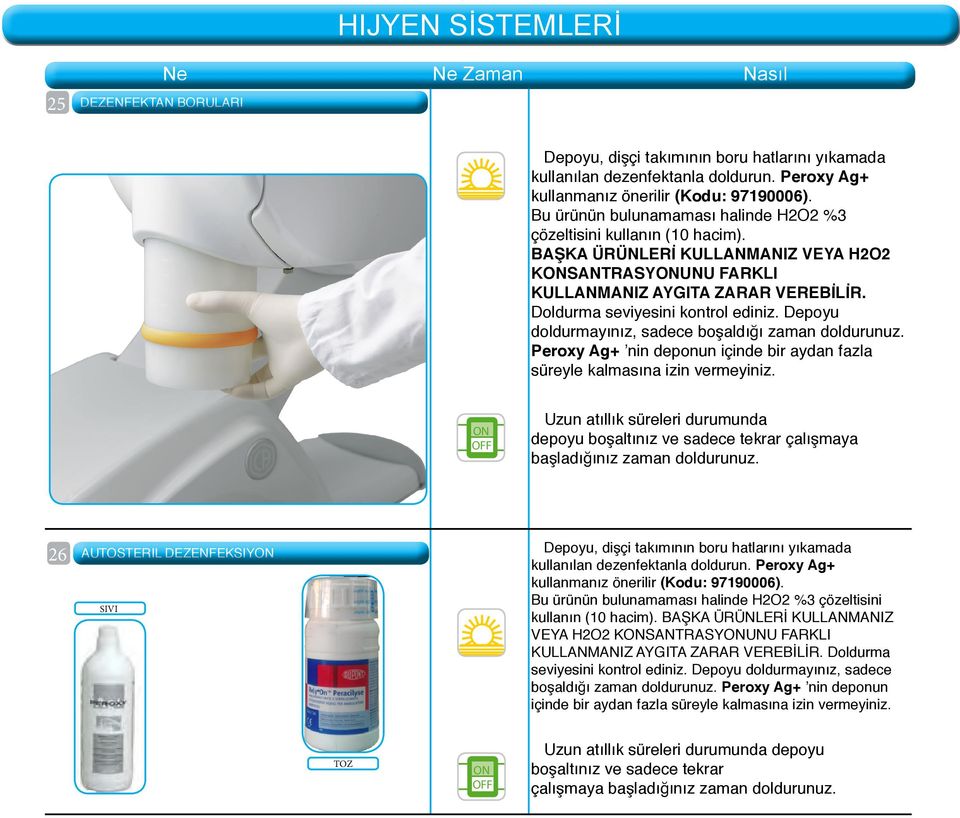 Doldurma seviyesini kontrol ediniz. Depoyu doldurmayınız, sadece boşaldığı zaman doldurunuz. Peroxy Ag+ nin deponun içinde bir aydan fazla süreyle kalmasına izin vermeyiniz.