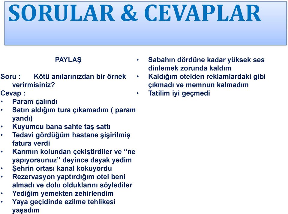 çıkmadı ve memnun kalmadım Tatilim iyi geçmedi Param çalındı Satın aldığım tura çıkamadım ( param yandı) Kuyumcu bana sahte taş sattı Tedavi