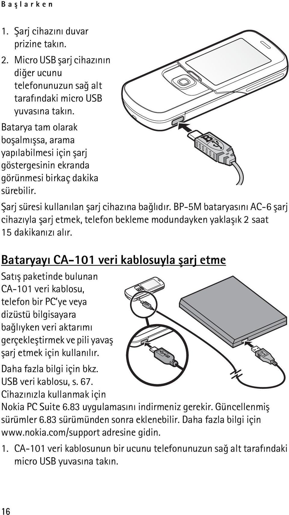 BP-5M bataryasýný AC-6 þarj cihazýyla þarj etmek, telefon bekleme modundayken yaklaþýk 2 saat 15 dakikanýzý alýr.