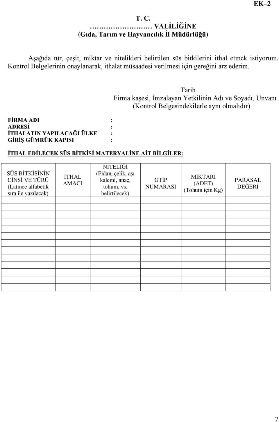 FİRMA ADI : ADRESİ : İTHALATIN YAPILACAĞI ÜLKE : GİRİŞ GÜMRÜK KAPISI : İTHAL EDİLECEK SÜS BİTKİSİ MATERYALİNE AİT BİLGİLER: Tarih Firma kaşesi, İmzalayan Yetkilinin Adı