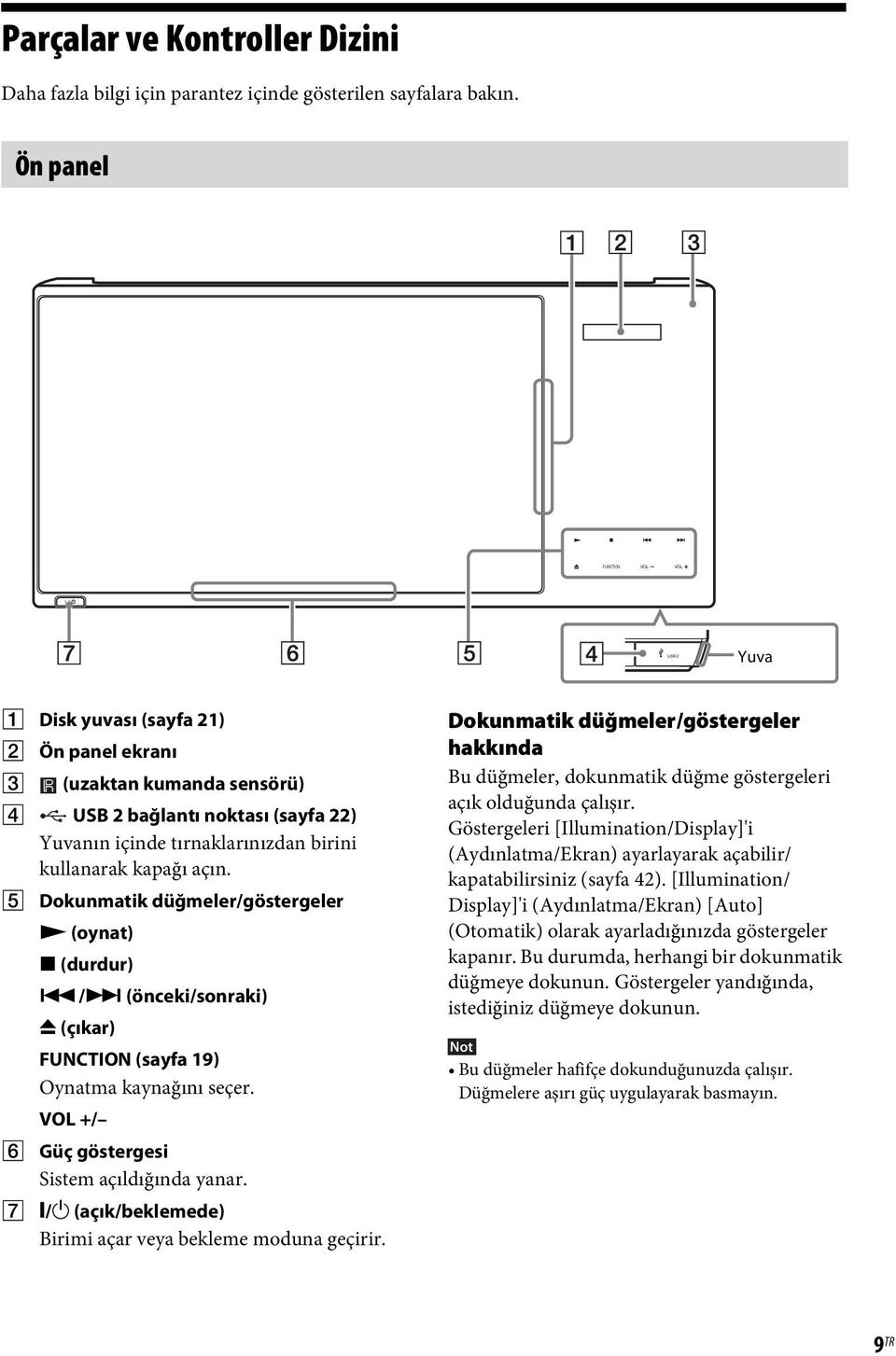 kapağı açın. E Dokunmatik düğmeler/göstergeler N (oynat) x (durdur)./> (önceki/sonraki) Z (çıkar) FUNCTION (sayfa 19) Oynatma kaynağını seçer. VOL +/ F Güç göstergesi Sistem açıldığında yanar.