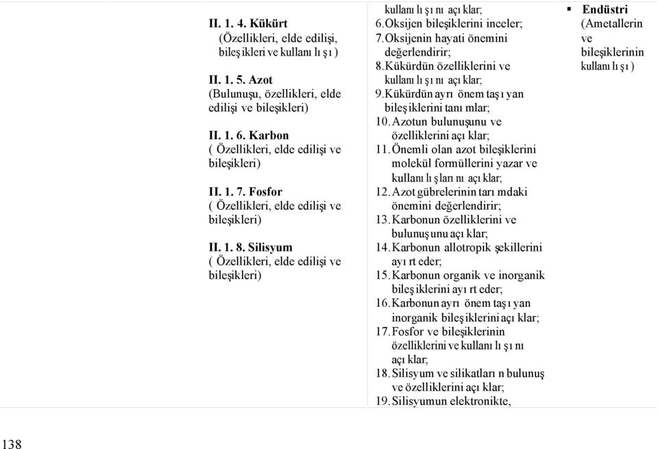 Kükürdün özelliklerini ve 9.Kükürdün ayrı önem taşıyan bileşiklerini tanımlar; 10. Azotun bulunuşunu ve özelliklerini açıklar; 11.