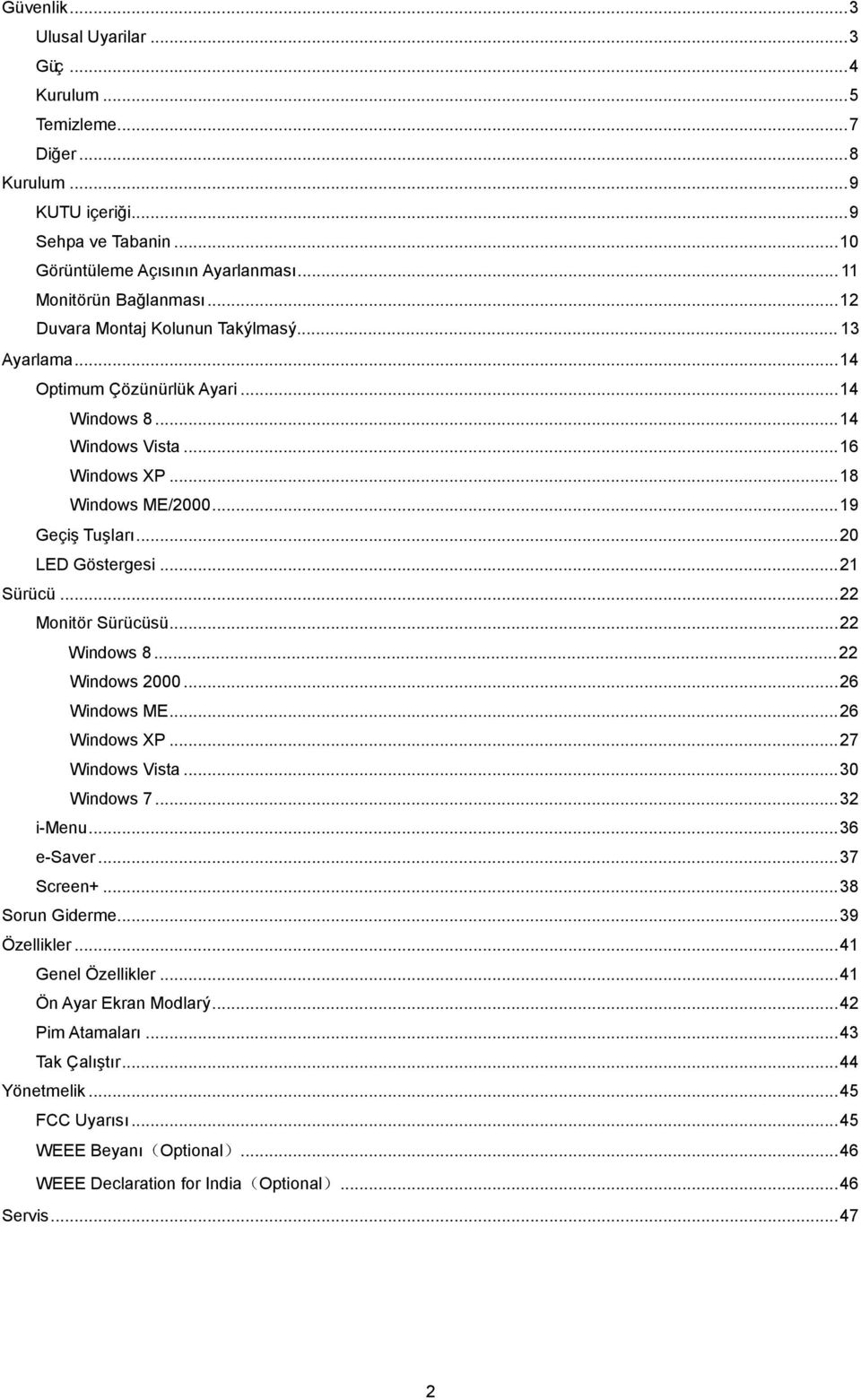 .. 21 Sürücü... 22 Monitör Sürücüsü... 22 Windows 8... 22 Windows 2000... 26 Windows ME... 26 Windows XP... 27 Windows Vista... 30 Windows 7... 32 i-menu... 36 e-saver... 37 Screen+... 38 Sorun Giderme.