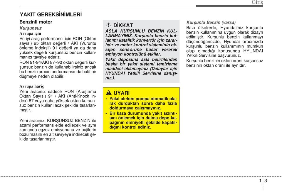 Avrupa hariç Yeni arac n z sadece RON (Araflt rma Oktan Say s ) 91 / AKI (Anti-Knock Index) 87 veya daha yüksek oktan kurflunsuz benzin kullan lacak flekilde tasarlanm flt r.