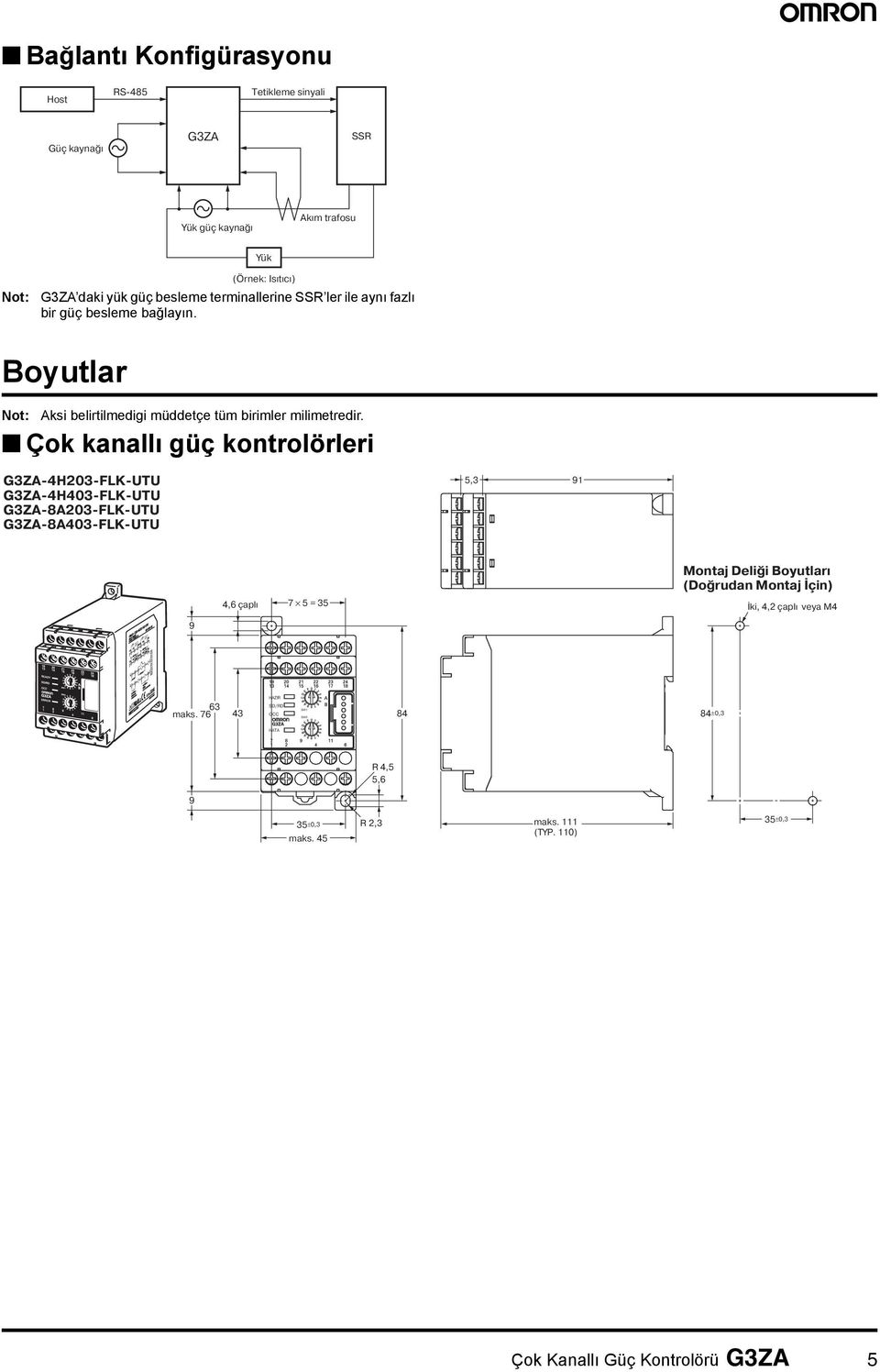 Çok kanallı güç kontrolörleri G3ZA-4H203-FLK-UTU G3ZA-4H403-FLK-UTU G3ZA-8A203-FLK-UTU G3ZA-8A403-FLK-UTU 5,3 91 4,6 çaplı Montaj Deliği Boyutları (Doğrudan