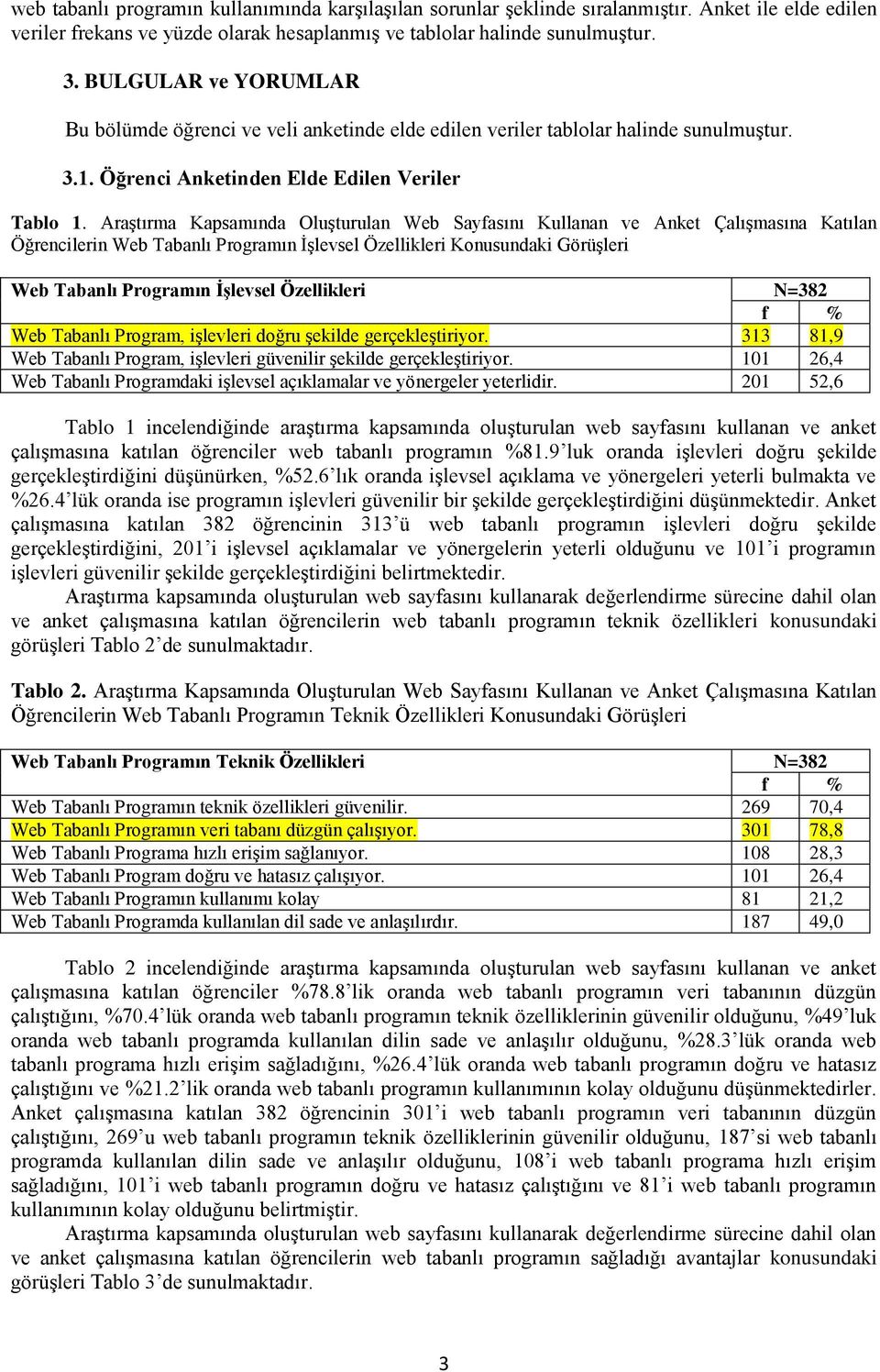 Araştırma Kapsamında Oluşturulan Web Sayfasını Kullanan ve Anket Çalışmasına Katılan Öğrencilerin Web Tabanlı Programın İşlevsel Özellikleri Konusundaki Görüşleri Web Tabanlı Programın ĠĢlevsel