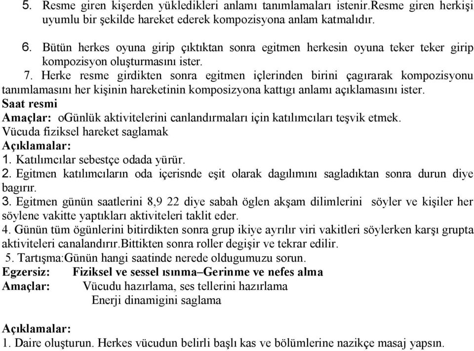 Herke resme girdikten sonra egitmen içlerinden birini çagırarak kompozisyonu tanımlamasını her kişinin hareketinin komposizyona kattıgı anlamı açıklamasını ister.