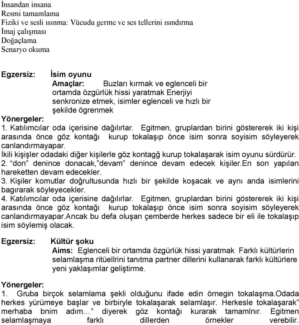 Egitmen, gruplardan birini göstererek iki kişi arasında önce göz kontağı kurup tokalaşıp önce isim sonra soyisim söyleyerek canlandırmayapar.