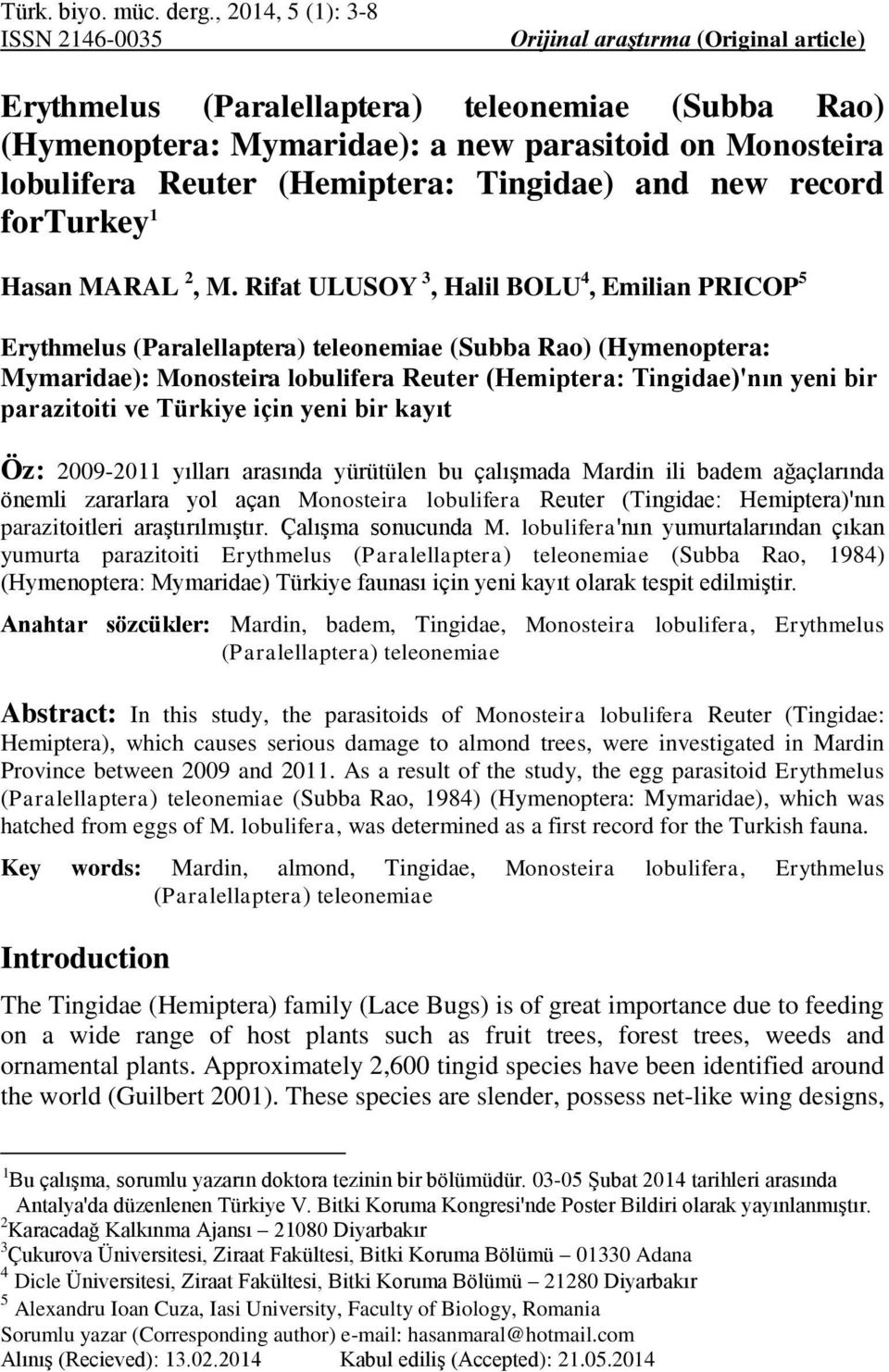 (Hemiptera: Tingidae) and new record forturkey 1 Hasan MARAL 2, M.