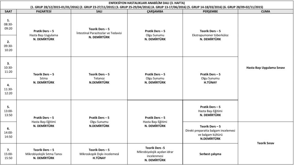 DEMİRTÜRK Pratik Ders 5 Olgu Sunumu Pratik Ders 5 Olgu Sunumu H.TÜNAY Hasta Başı Uygulama Sınavı Pratik Ders 5 Hasta Başı Eğitimi Teorik Ders 5 Mikrobiyolojik Sıtma Tanısı Pratik Ders 5 Olgu Sunumu N.