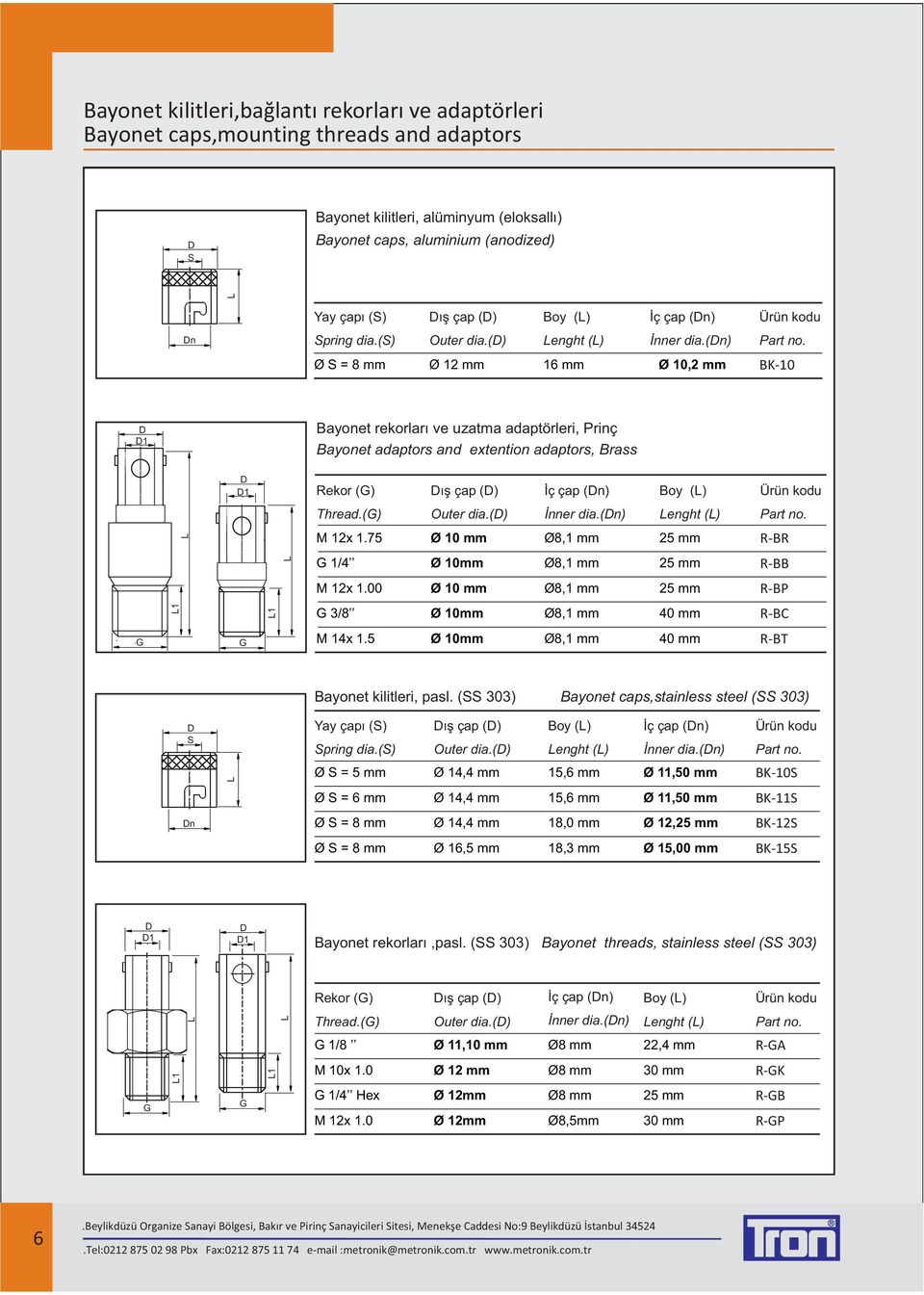 Ø S = 8 mm Ø 12 mm 16 mm Ø 10,2 mm K-10 D D1 ayonet rekorlarý ve uzatma adaptörleri, Prinç ayonet adaptors and extention adaptors, rass D D1 Rekor () Dýþ çap (D) Ýç çap (Dn) oy () Ürün kodu Thread.