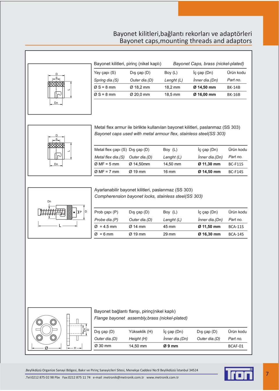 Ø S = 8 mm Ø 18,2 mm 18,2 mm Ø 14,50 mm K-14 Ø S = 8 mm Ø 20,0 mm 18,5 mm Ø 16,00 mm K-16 Dn Metal flex armur ile birlikte kullanýlan bayonet kilitleri, paslanmaz (SS 303) D ayonet caps used with