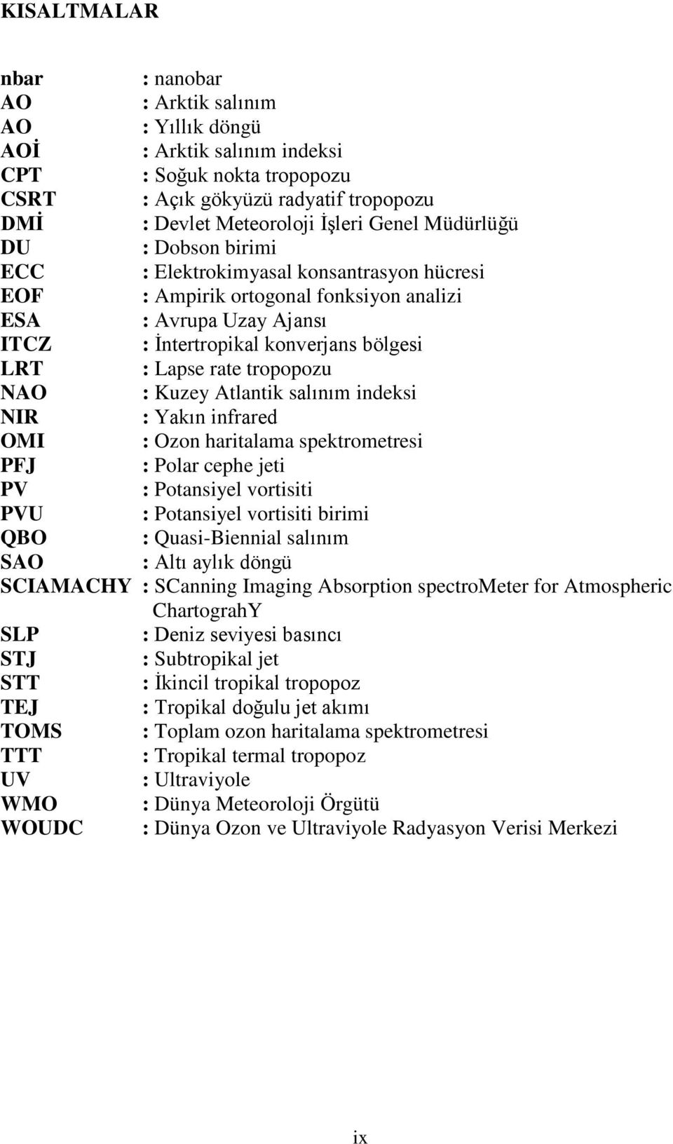 tropopozu NAO : Kuzey Atlantik salınım indeksi NIR : Yakın infrared OMI : Ozon haritalama spektrometresi PFJ : Polar cephe jeti PV : Potansiyel vortisiti PVU : Potansiyel vortisiti birimi QBO :