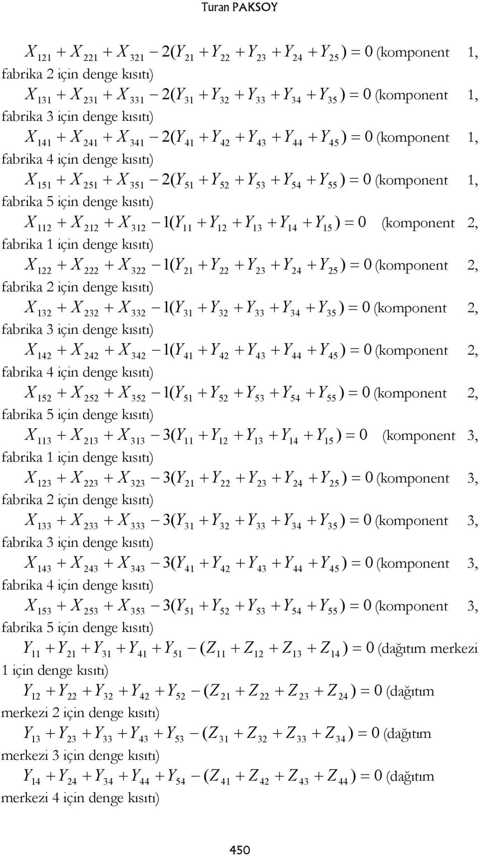 ) = 0 (komponent 2, fabrika 1 için denge kısıtı) 122 222 322 1( 21 + 22 + 23 + 24 + 25 ) = 0 (komponent 2, fabrika 2 için denge kısıtı) 132 232 332 1( 31 + 32 + 33 + 34 + 35 ) = 0 (komponent 2,