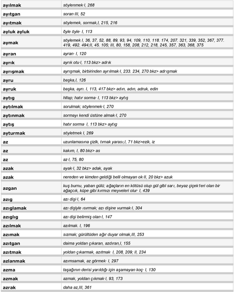 105; III, 80, 158, 208, 212, 218, 245, 357, 363, 368, 375 ayran ayran I, 120 ayrık ayrışmak ayrık otu I, 113 bkz> adrık ayrışmak, birbirinden ayrılmak I, 233.