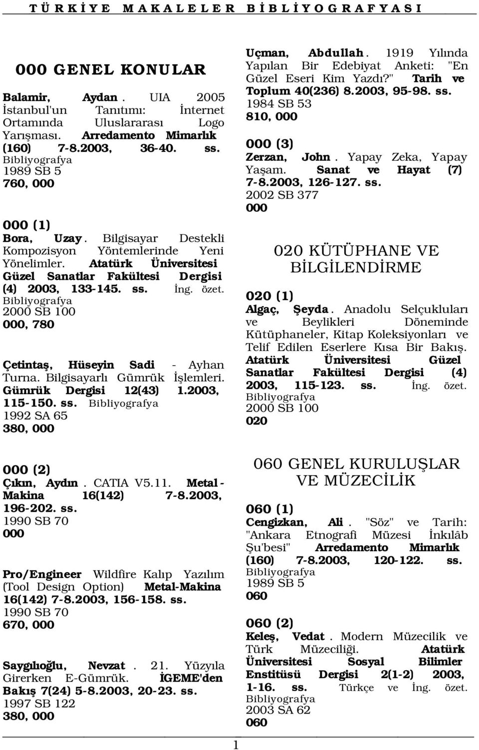 2000 SB 100 000, 780 Çetintafl, Hüseyin Sadi - Ayhan Turna. Bilgisayarl Gümrük fllemleri. Gümrük Dergisi 12(43) 1.2003, 115-150. ss. 1992 SA 65 380, 000 Uçman, Abdullah.