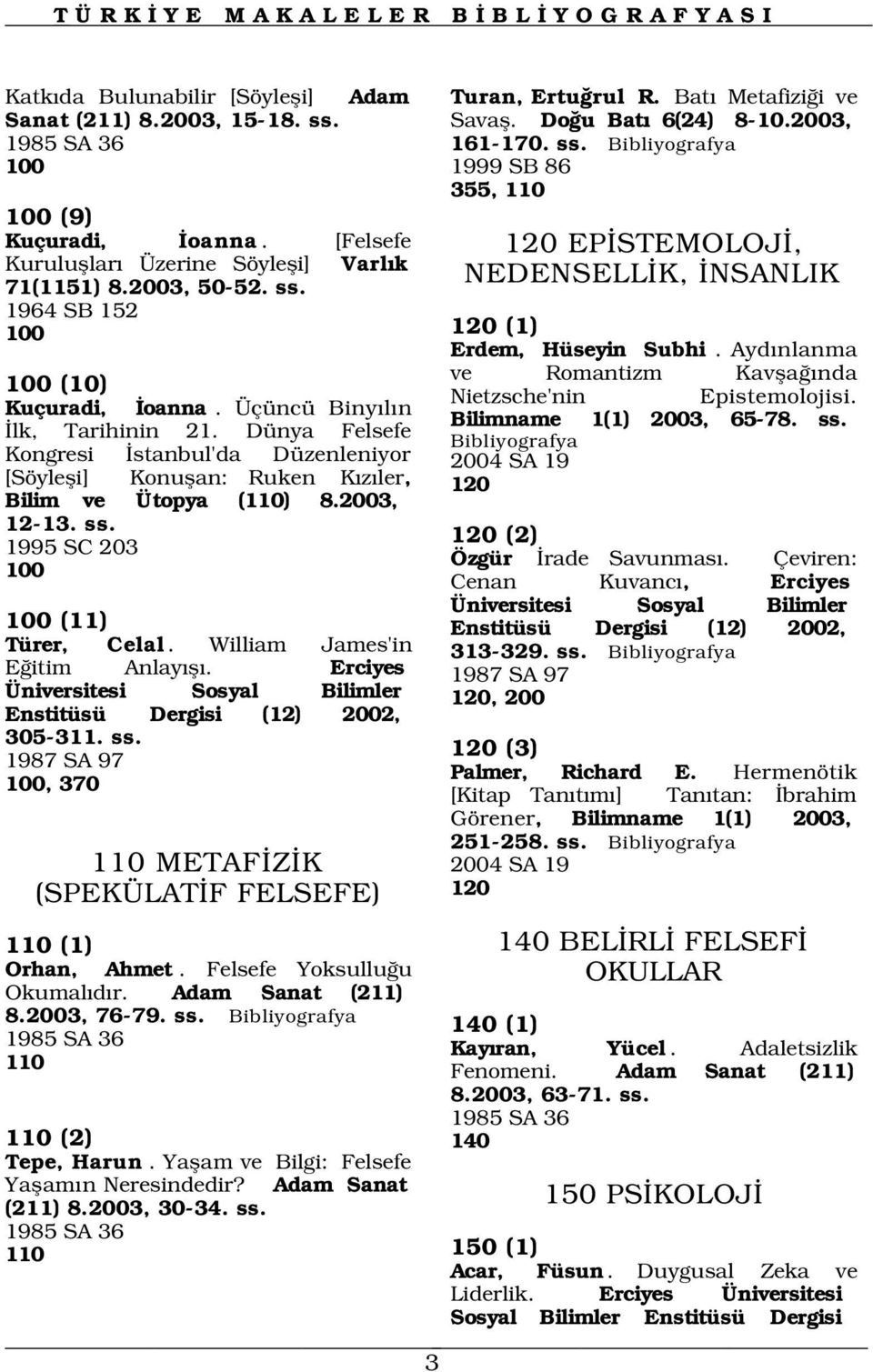 Dünya Felsefe Kongresi stanbul'da Düzenleniyor [Söylefli] Konuflan: Ruken K z ler, Bilim ve Ütopya (110) 8.2003, 12-13. ss. 1995 SC 203 100 100 (11) Türer, Celal. William James'in E itim Anlay fl.