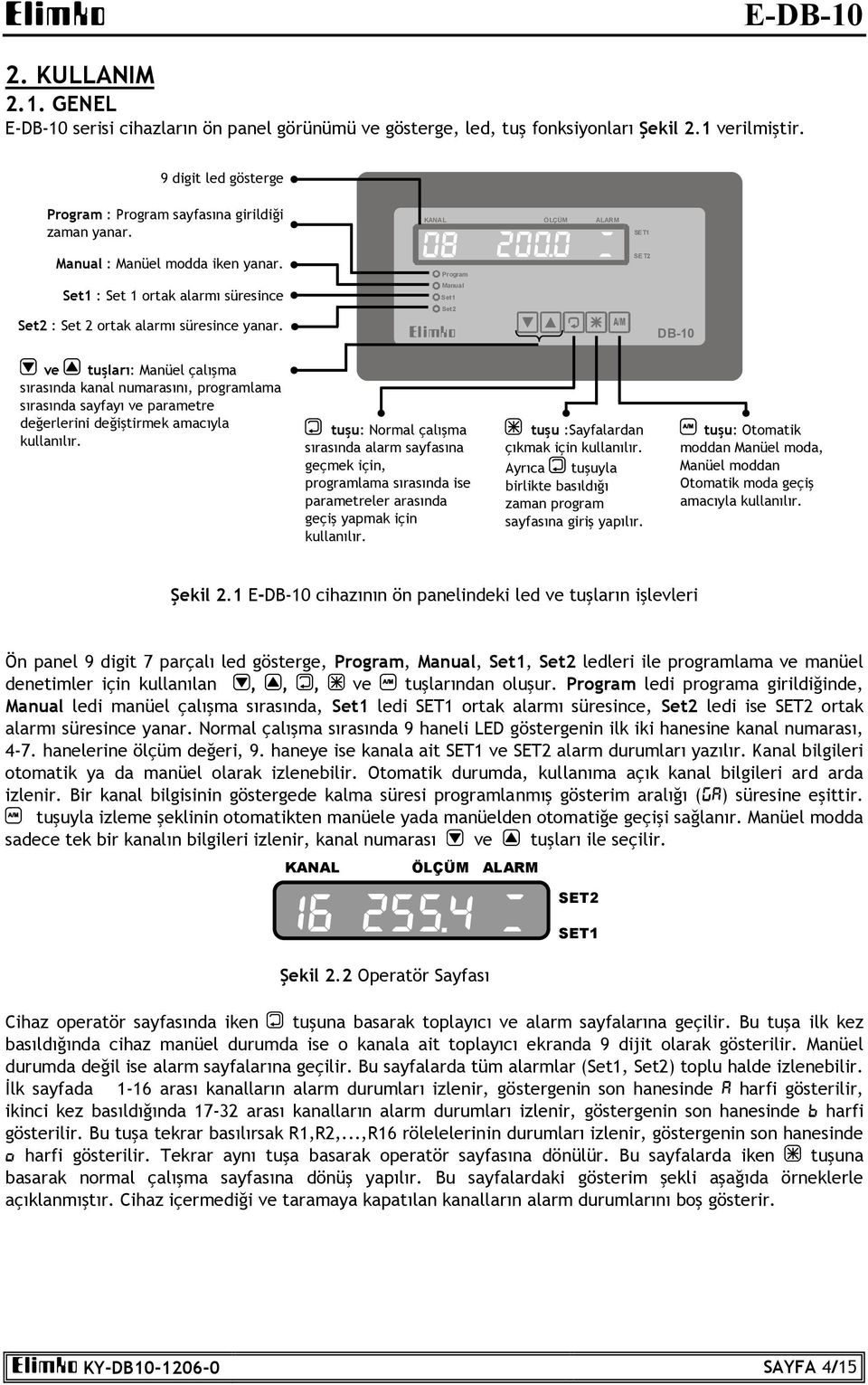 0 c Elimko A/M SE T2 DB-10 A ve F tuşları: Manüel çalışma sırasında kanal numarasını, programlama sırasında sayfayı ve parametre değerlerini değiştirmek amacıyla kullanılır.