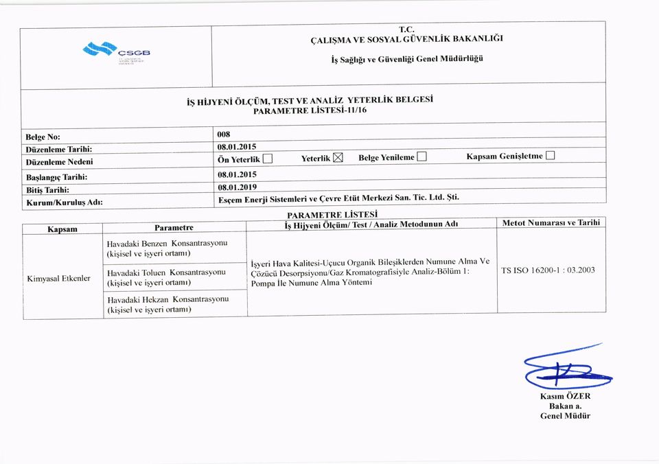 Toluen KotrsantrasYonu (kiqisel ve ieyeri ortamt) 08.01.20I5 O,l'*rtlk tr Yeterlik X Belge Yenileme I GeniSletme E 08.01.20r9 Esgem f,nerji Sistemleri ve Qevre Etiit Merkezi San. Tic. Ltd. $ti.