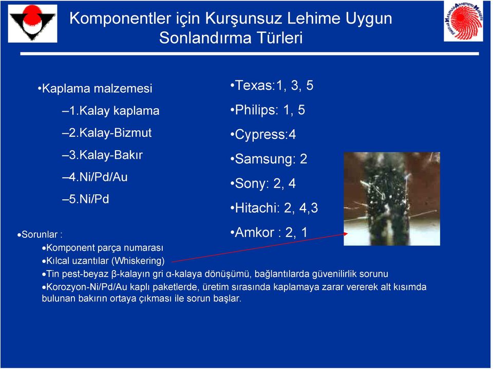 Ni/Pd Texas:1, 3, 5 Philips: 1, 5 Cypress:4 Samsung: 2 Sony: 2, 4 Hitachi: 2, 4,3 Amkor : 2, 1 Sorunlar : Komponent parça