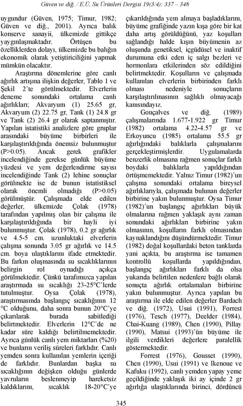 Araştırma dönemlerine göre canlı ağırlık artışına ilişkin değerler, Tablo 1 ve Şekil 2 te görülmektedir. Elverlerin deneme sonundaki ortalama canlı ağırlıkları; Akvaryum (1) 25.65 gr, Akvaryum (2) 22.