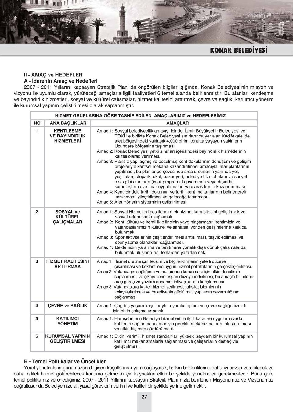 Bu alanlar; kentleflme ve bay nd rl k hizmetleri, sosyal ve kültürel çal flmalar, hizmet kalitesini artt rmak, çevre ve sa l k, kat l mc yönetim ile kurumsal yap n n gelifltirilmesi olarak saptanm