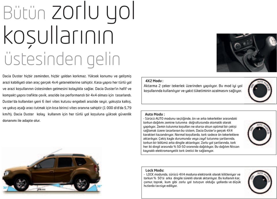 Duster da kullanılan yeni 6 ileri vites kutusu engebeli arazide seyir, yokuşta kalkış, ve yokuş aşağı aracı tutmak için kısa birinci vites oranına sahiptir (1 000 d/d da 5,79 km/h).