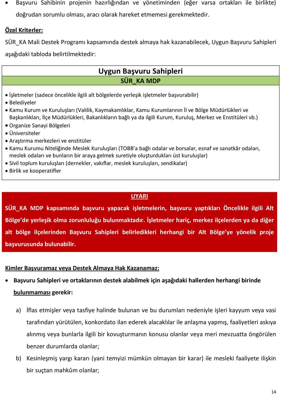 (sadece öncelikle ilgili alt bölgelerde yerleşik işletmeler başvurabilir) Belediyeler Kamu Kurum ve Kuruluşları (Valilik, Kaymakamlıklar, Kamu Kurumlarının İl ve Bölge Müdürlükleri ve Başkanlıkları,