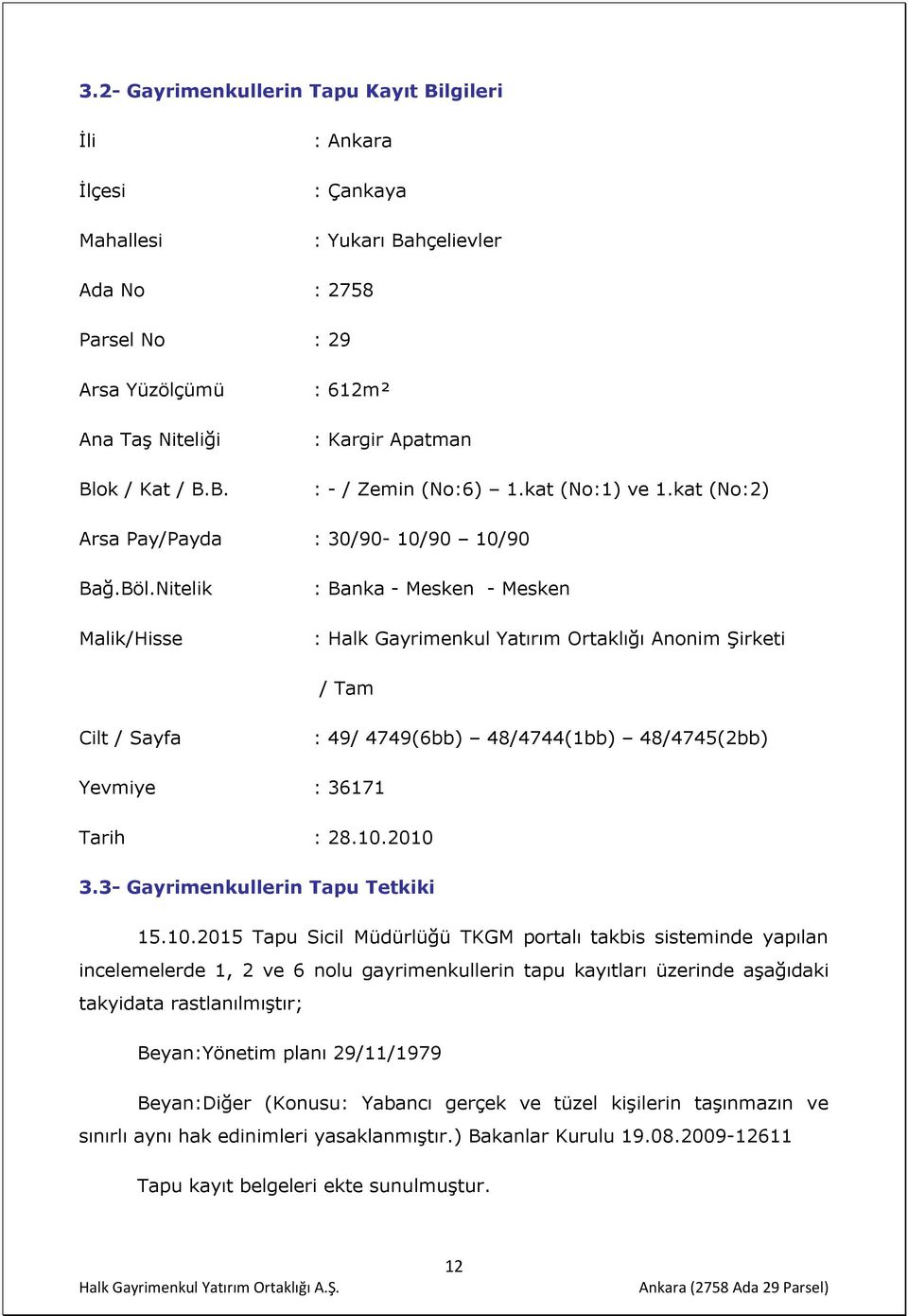 Nitelik Malik/Hisse : Banka - Mesken - Mesken : Halk Gayrimenkul Yatırım Ortaklığı Anonim Şirketi / Tam Cilt / Sayfa : 49/ 4749(6bb) 48/4744(1bb) 48/4745(2bb) Yevmiye : 36171 Tarih : 28.10.2010 3.