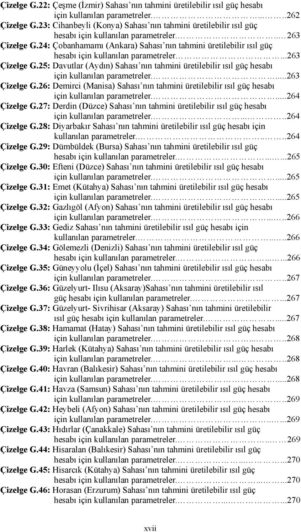 24: Çobanhamamı (Ankara) Sahası nın tahmini üretilebilir ısıl güç hesabı için kullanılan parametreler...263 Çizelge G.