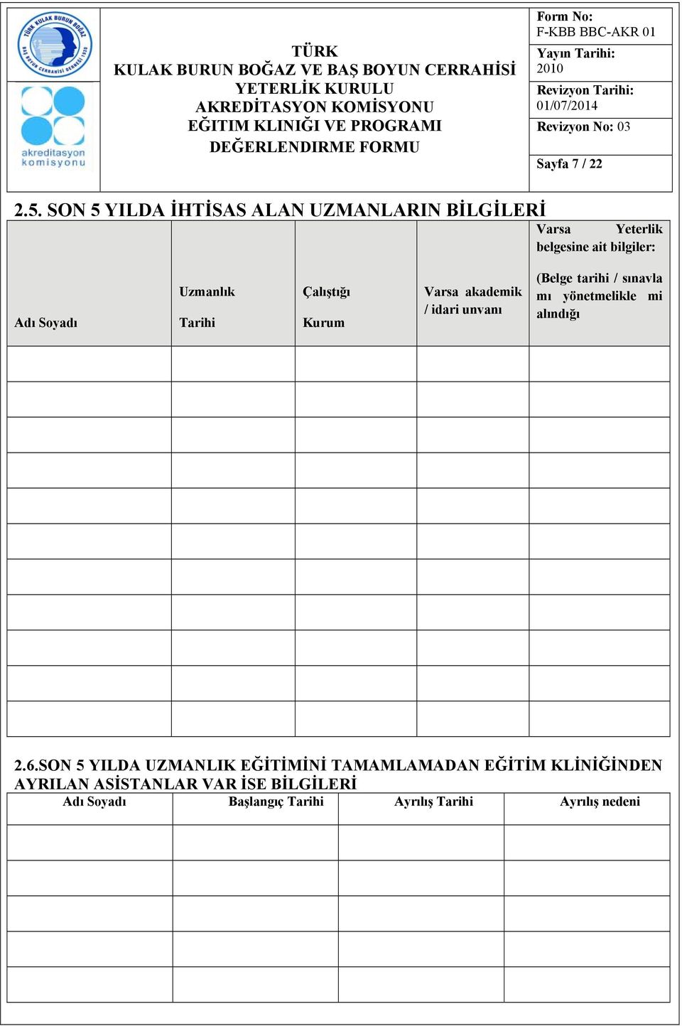 Uzmanlık Tarihi Çalıştığı Kurum Varsa akademik / idari unvanı (Belge tarihi / sınavla mı