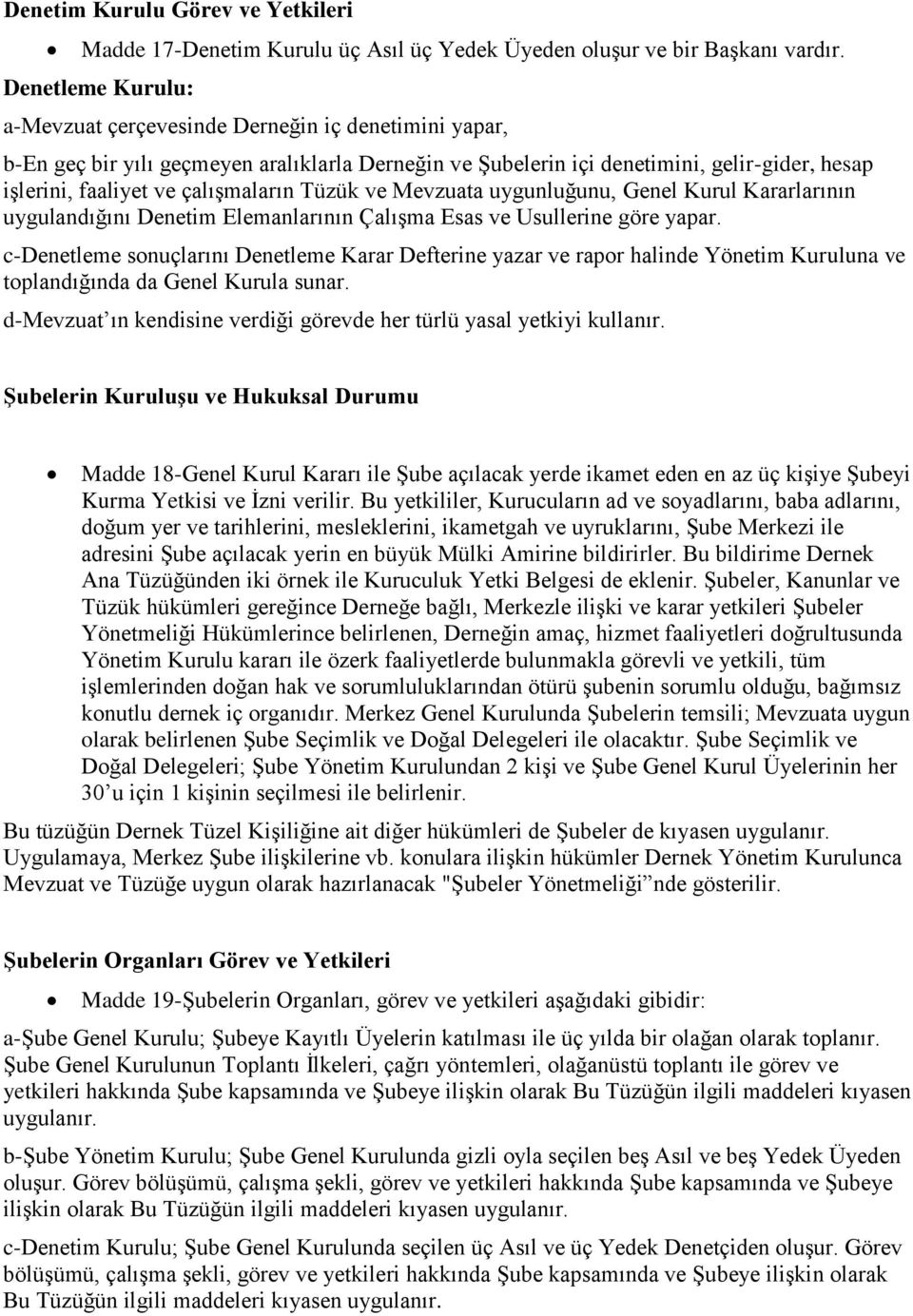 çalışmaların Tüzük ve Mevzuata uygunluğunu, Genel Kurul Kararlarının uygulandığını Denetim Elemanlarının Çalışma Esas ve Usullerine göre yapar.