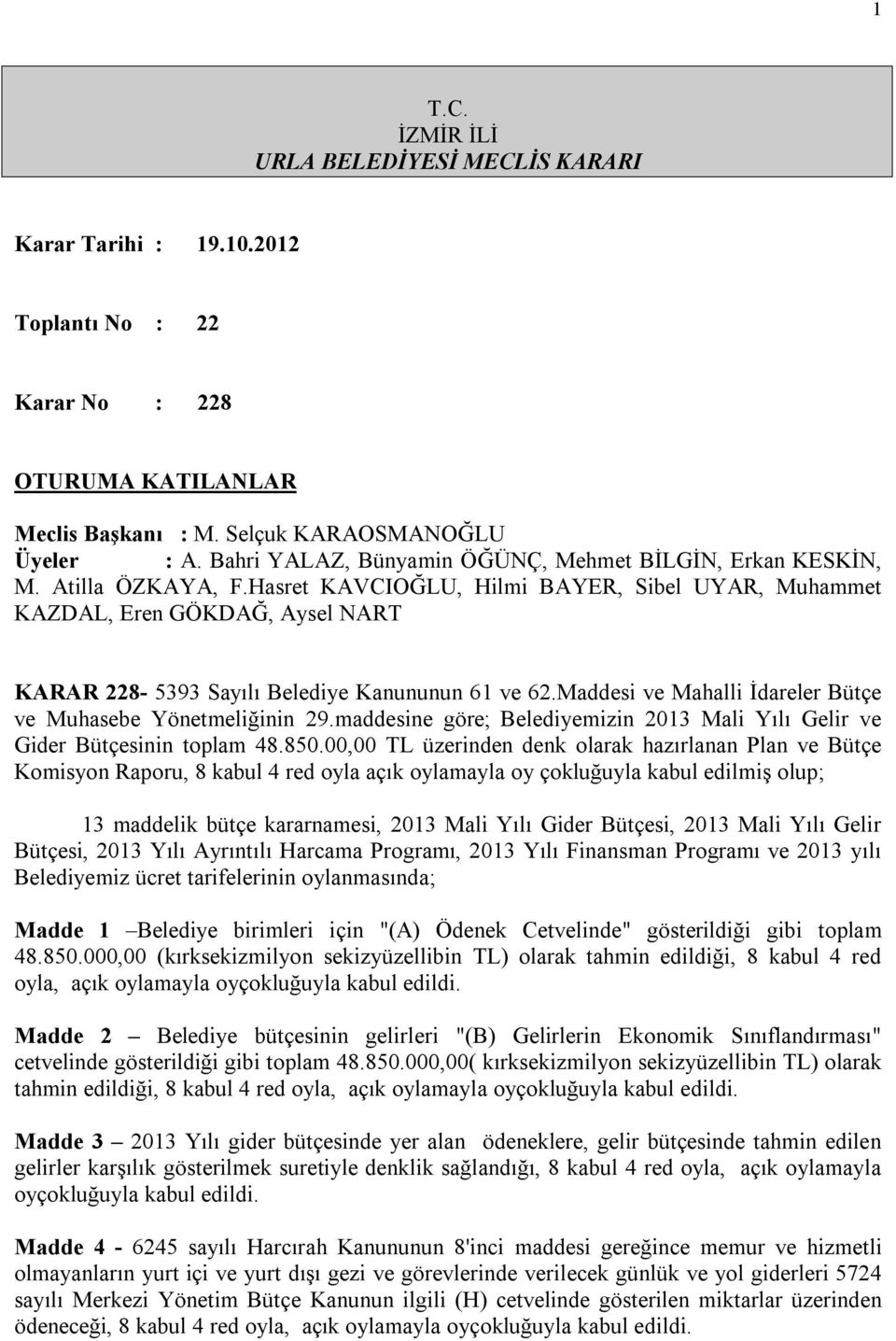 Hasret KAVCIOĞLU, Hilmi BAYER, Sibel UYAR, Muhammet KAZDAL, Eren GÖKDAĞ, Aysel NART KARAR 228-5393 Sayılı Belediye Kanununun 61 ve 62.Maddesi ve Mahalli İdareler Bütçe ve Muhasebe Yönetmeliğinin 29.