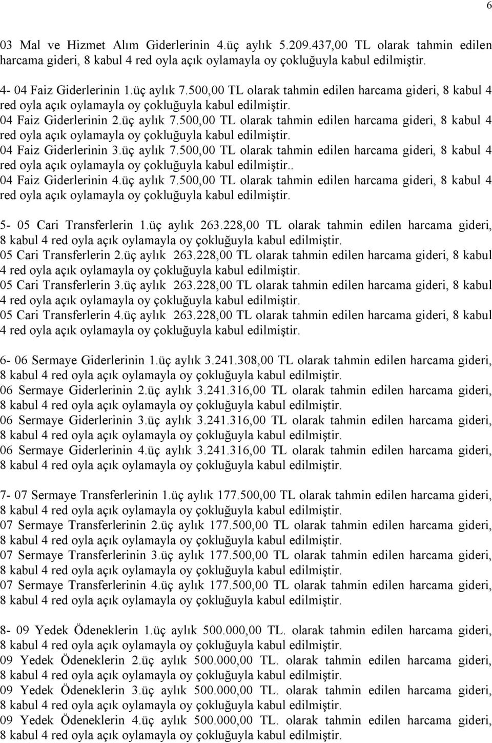 üç aylık 7.500,00 TL olarak tahmin edilen harcama gideri, 8 kabul 4 red 5-05 Cari Transferlerin 1.üç aylık 263.228,00 TL olarak tahmin edilen harcama gideri, 05 Cari Transferlerin 2.üç aylık 263.228,00 TL olarak tahmin edilen harcama gideri, 8 kabul 4 red 05 Cari Transferlerin 3.