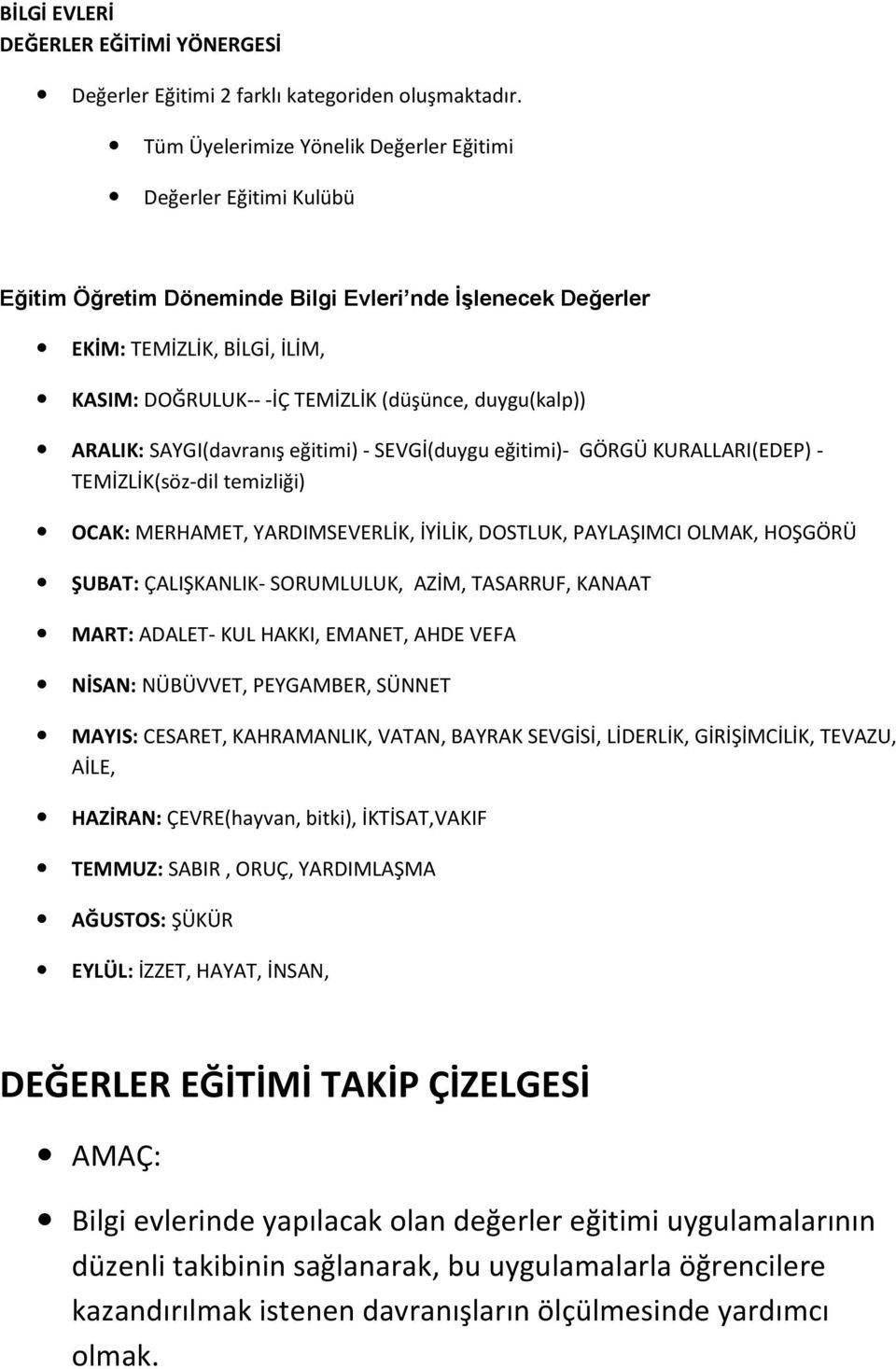 duygu(kalp)) ARALIK: SAYGI(davranış eğitimi) - SEVGİ(duygu eğitimi)- GÖRGÜ KURALLARI(EDEP) - TEMİZLİK(söz-dil temizliği) OCAK: MERHAMET, YARDIMSEVERLİK, İYİLİK, DOSTLUK, PAYLAŞIMCI OLMAK, HOŞGÖRÜ