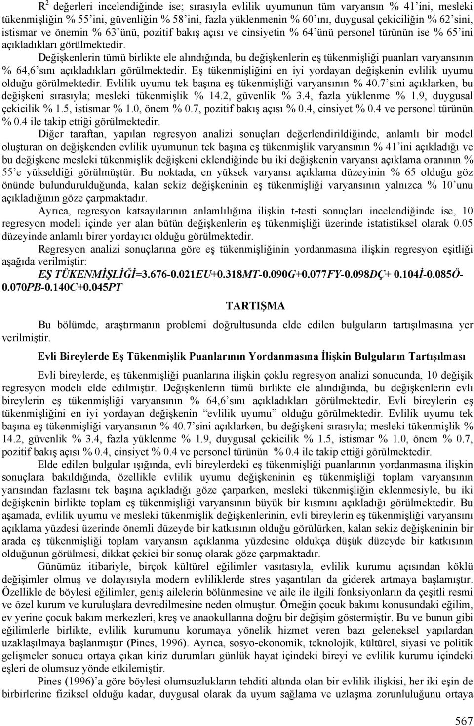 Değişkenlerin tümü birlikte ele alındığında, bu değişkenlerin eş tükenmişliği puanları varyansının % 64,6 sını açıkladıkları görülmektedir.